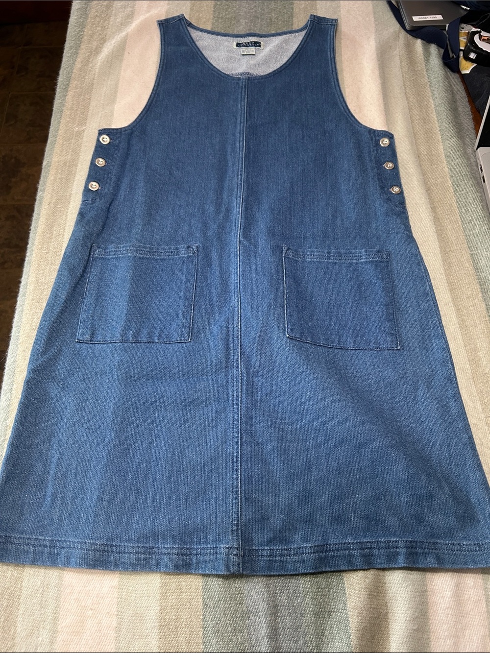 Bryn Connelly Vintage Blue Denim Jumper Dress- Side Buttons- Stretch -Pockets